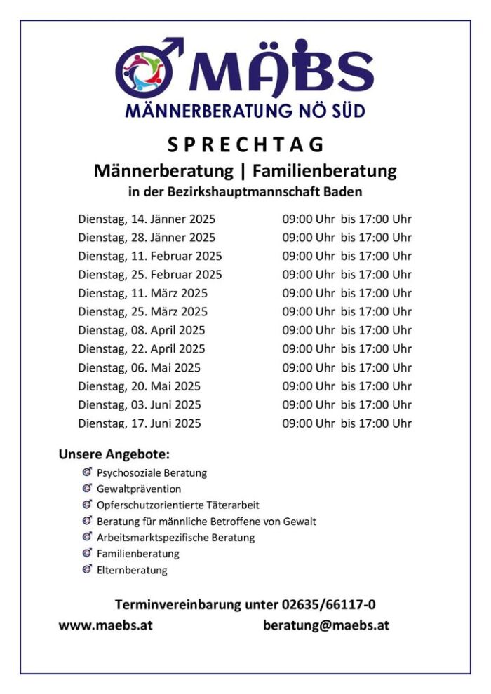 SPRECHTAG IN BADEN BEI WIEN 🥳🗣  Du würdest gerne psychosoziale Beratung in einer Männerberatungsstelle in Anspruch nehmen, wohnst aber nicht in Bezirk Neunkirchen?
Es ist schwierig für dich nach Neunkirchen zu kommen?  Macht nichts 😊- wir bieten auch jede zweite Woche einen Sprechtage in Baden bei Wien an 🥳💪
Zu finden sind wir in der Bezirkshauptmannschaft Baden - ruf gerne an und vereinbare dir einen Beratungstermin 📞  Wir freuen uns auf dich 😊🤝